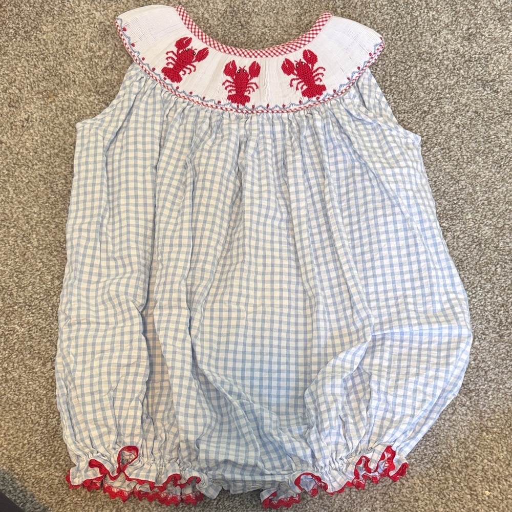 Posh Pickle Blue and White Gingham Baby Romper with Red Lobster Embroidery